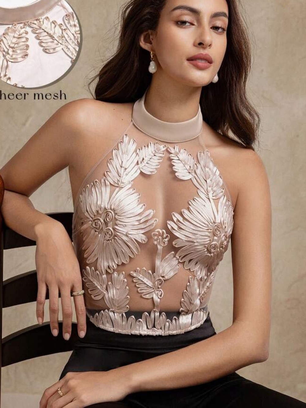 Alia Nude High-Neck Sheer Mesh Camisole with Floral Embroidery
